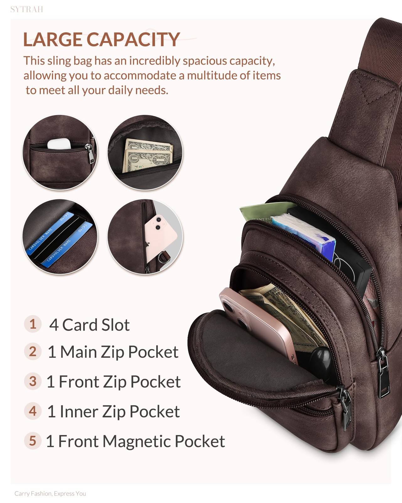 SYTRAH Sling Bag for Women, Crossbody 12.3″H x 5.9″L x 3.7″W, Z-mocha Cofee