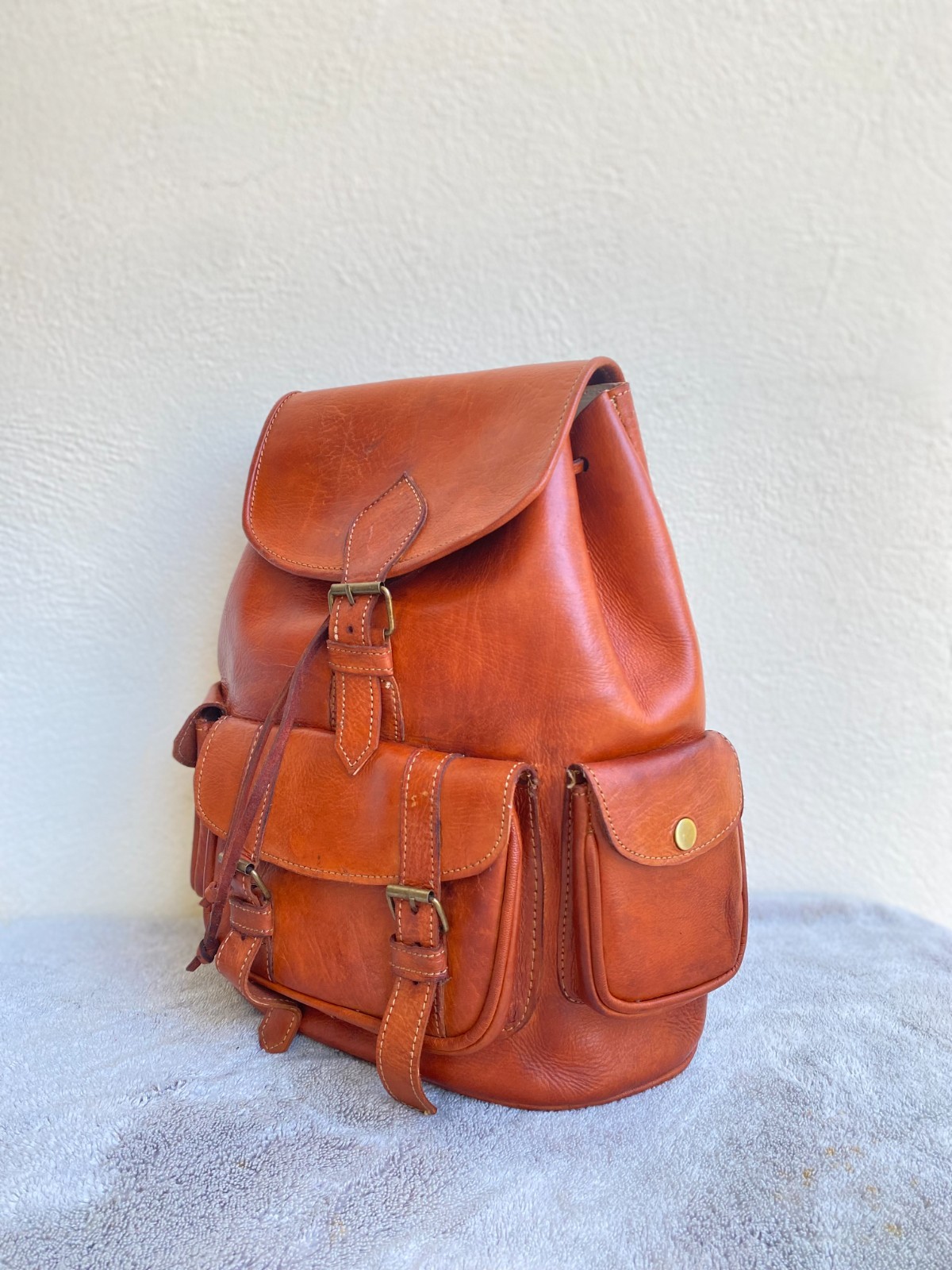 Cognac Leather Backpack Handmade Morocco 2 Pockets Genuine Leather Bag