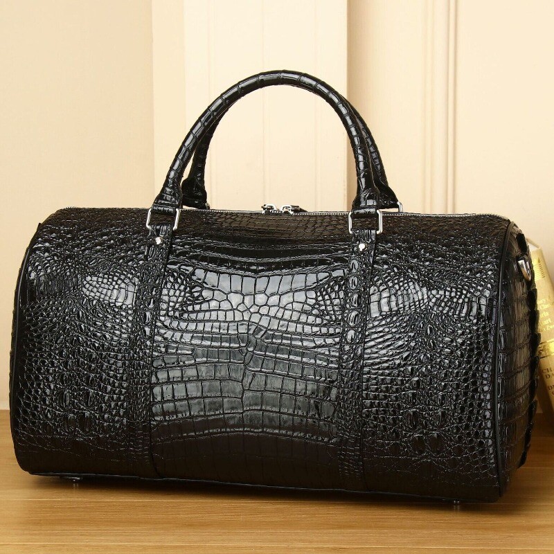 Large Black Genuine Leather Gym Duffle Bag, Crocodile Pattern Travel Luggage Bag