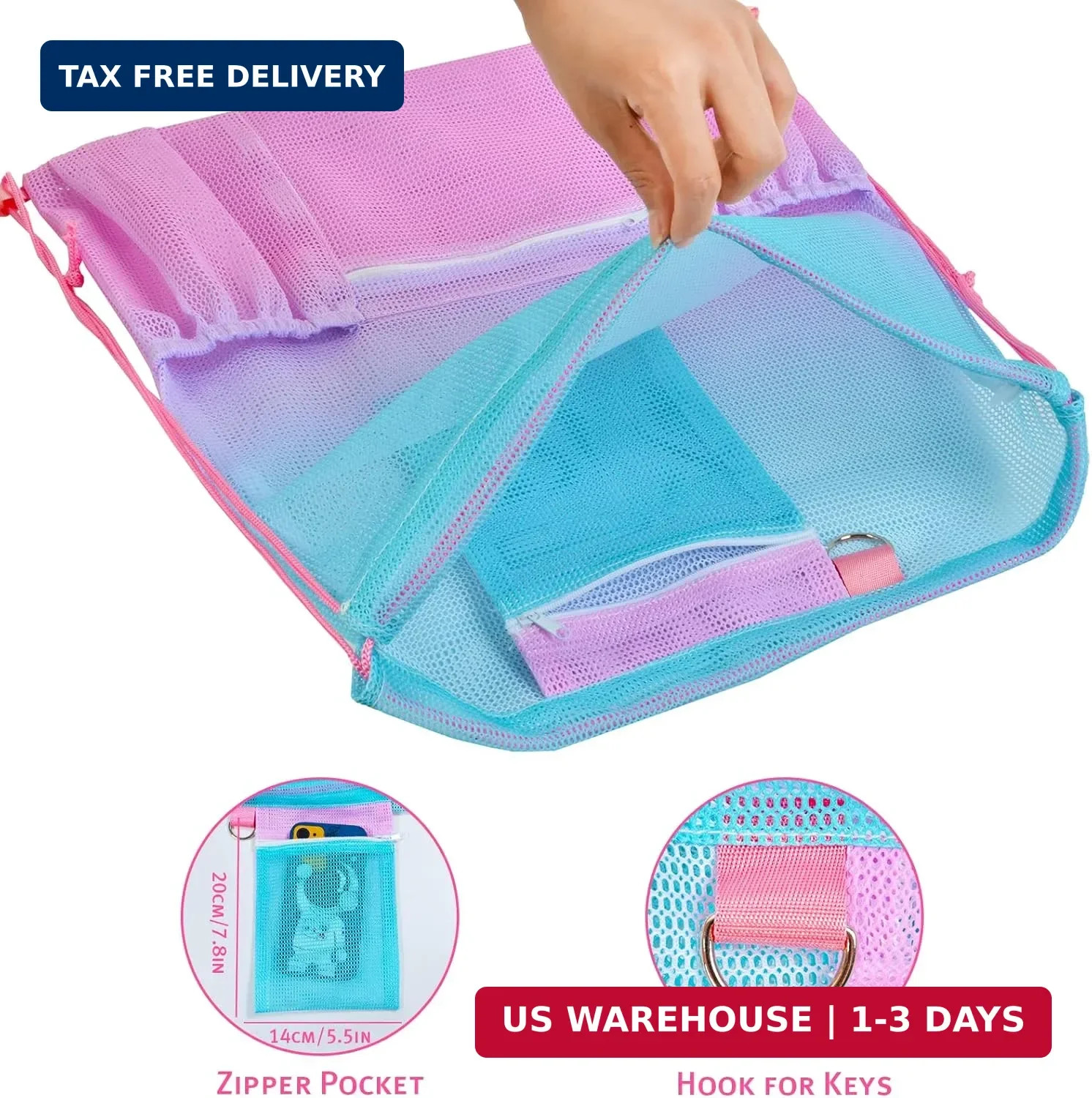 Mesh Drawstring Bag with Zipper Pocket, Beach Bag for Swimming Gear Backpack Gym
