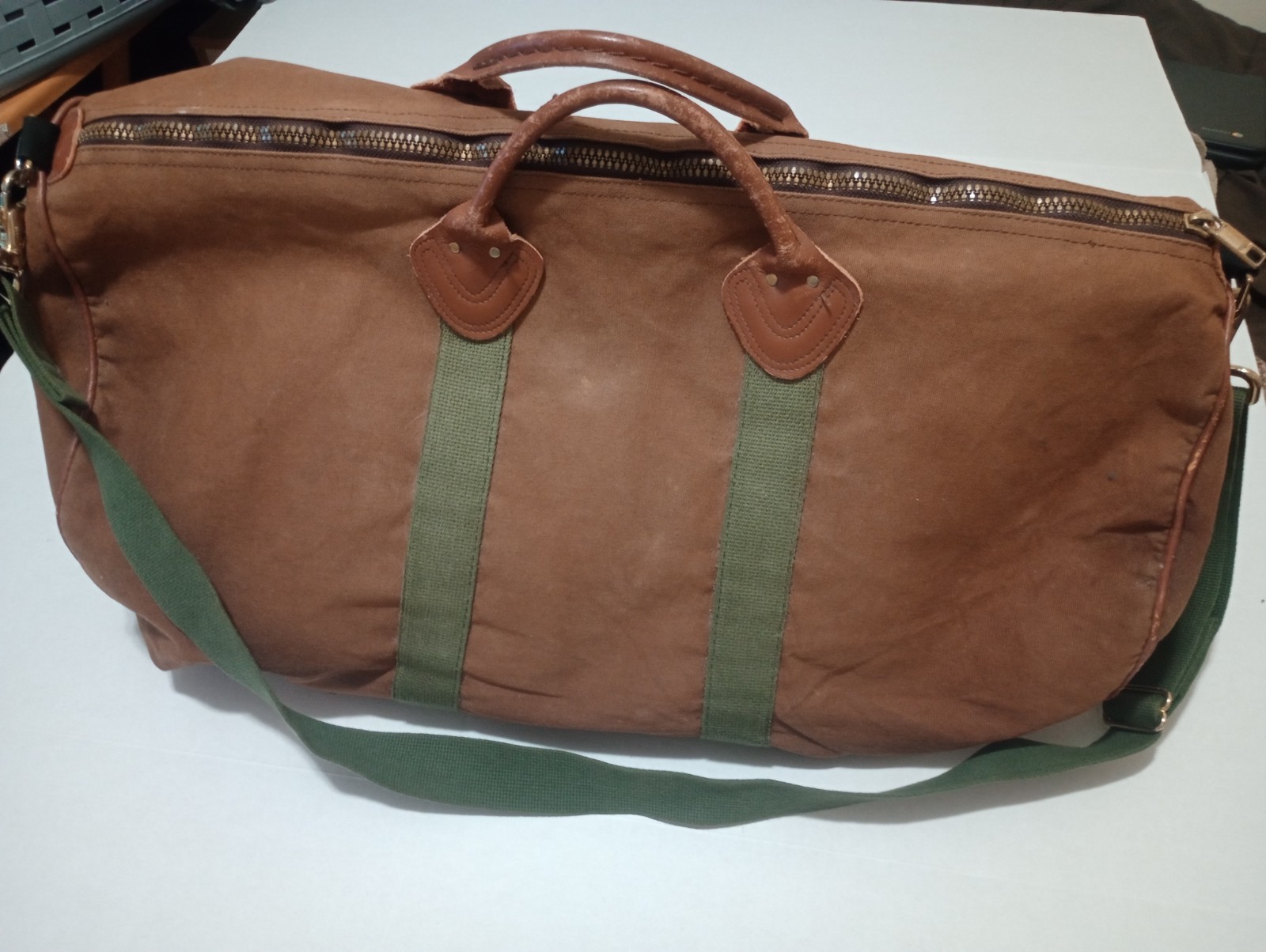 Vintage LL Bean Duffle Bag Brown/Olive Tote Canvas Leather Handle Strap Monogram