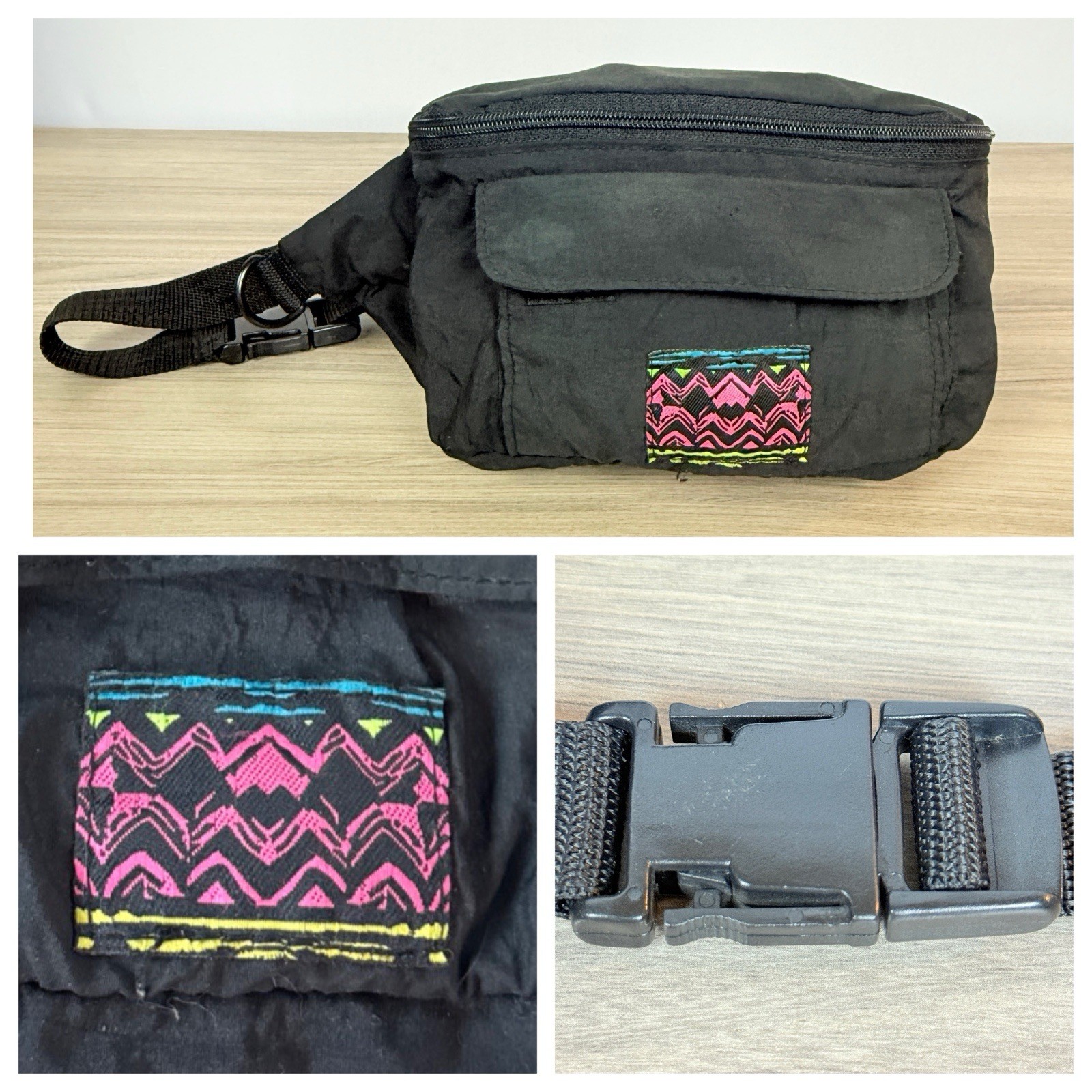 Vision Retro 80’s 90’s Black Fanny Pack Waist Bag Neon Mountain W/Pockets Korea