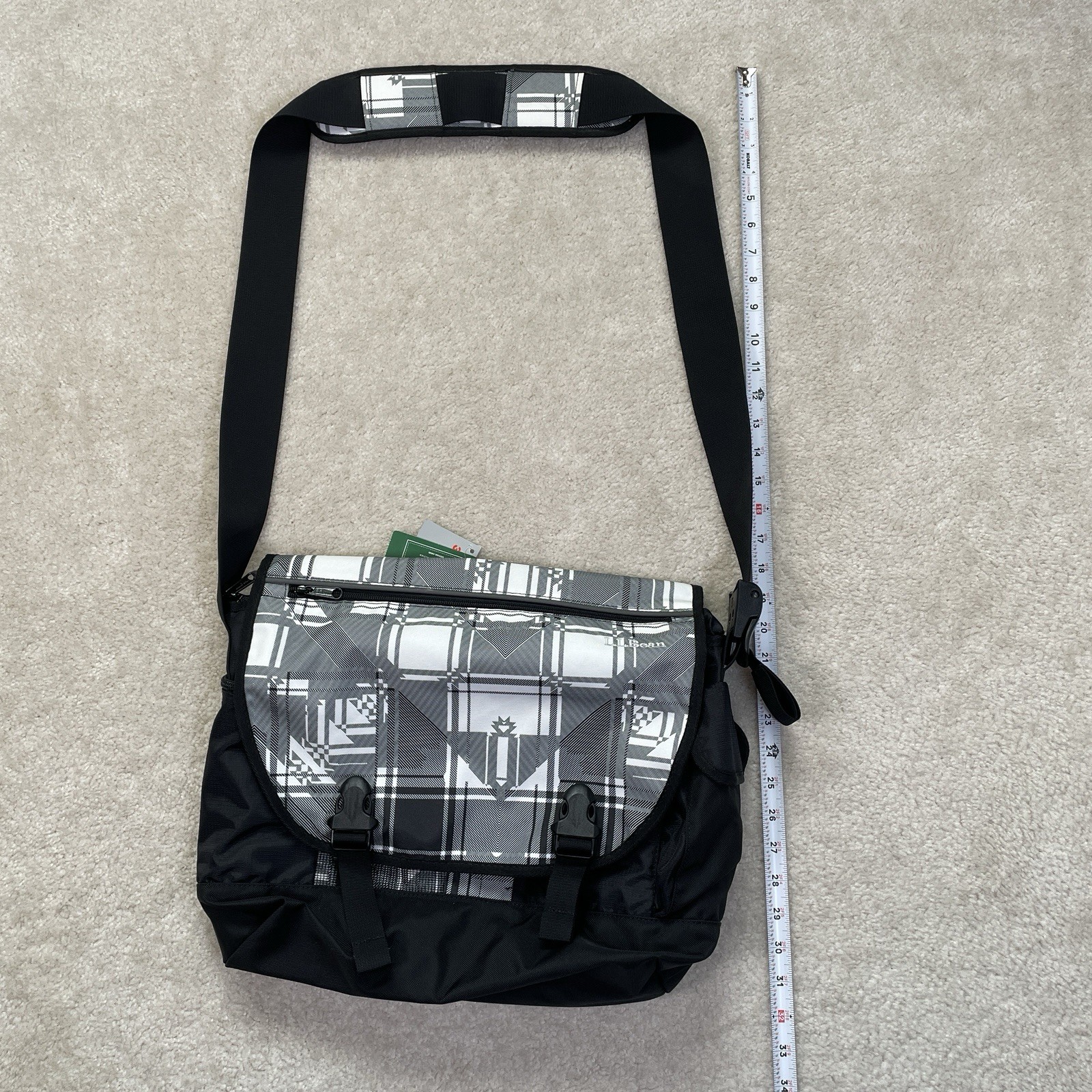NWT L.L. BEAN Messenger Bag Shoulder Medium Strap Push Lock Logo Black Print