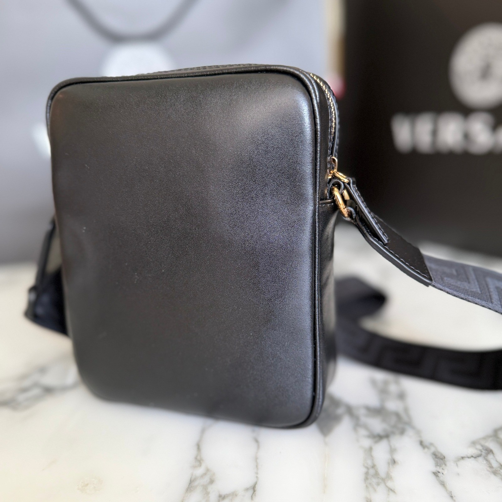 Versace 1020736 Black Leather Greca Crossbody Messenger Bag Gold Logo