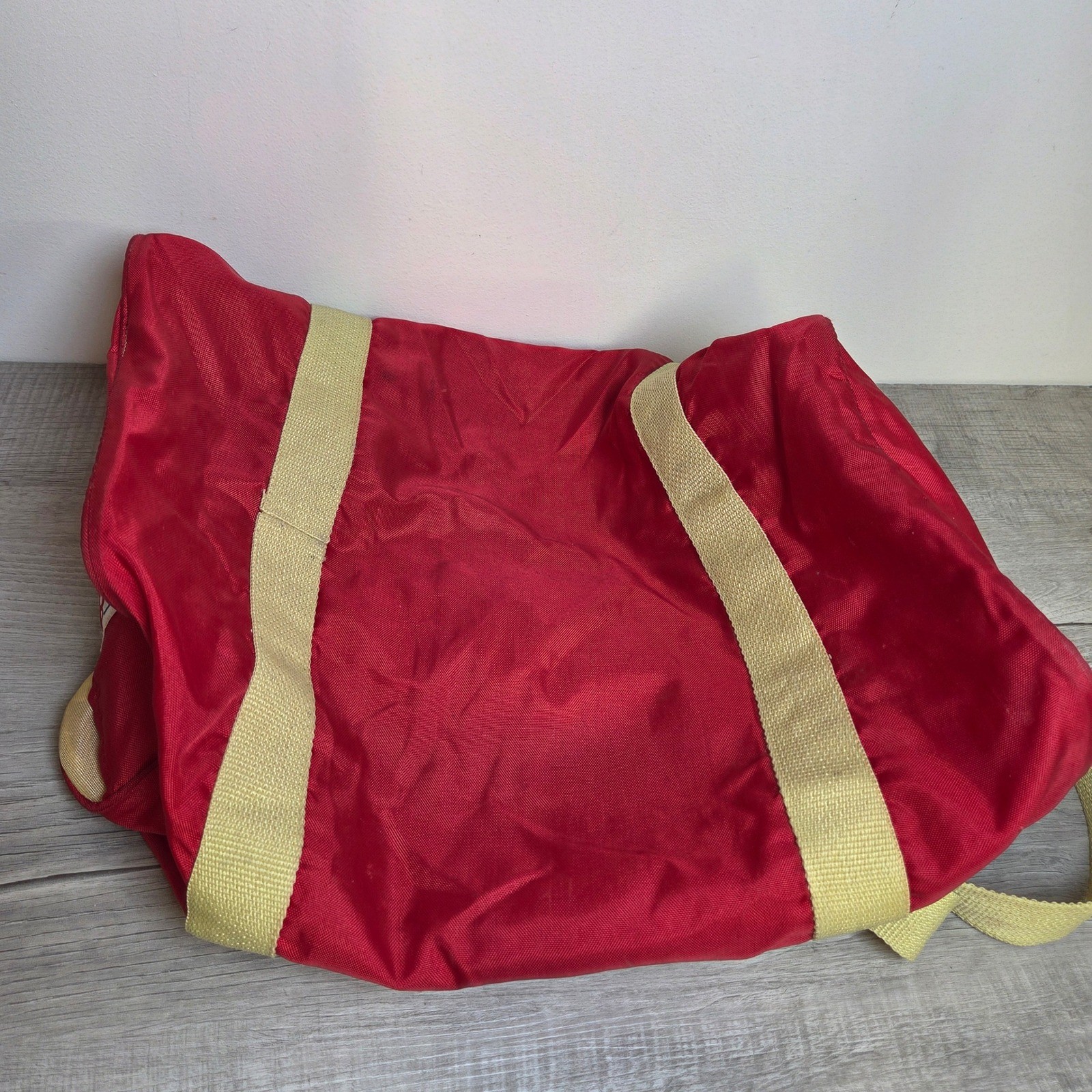 Vintage US Sport Red Nylon Duffel Bag Gym Travel Weekender Tan Straps 80s Korea