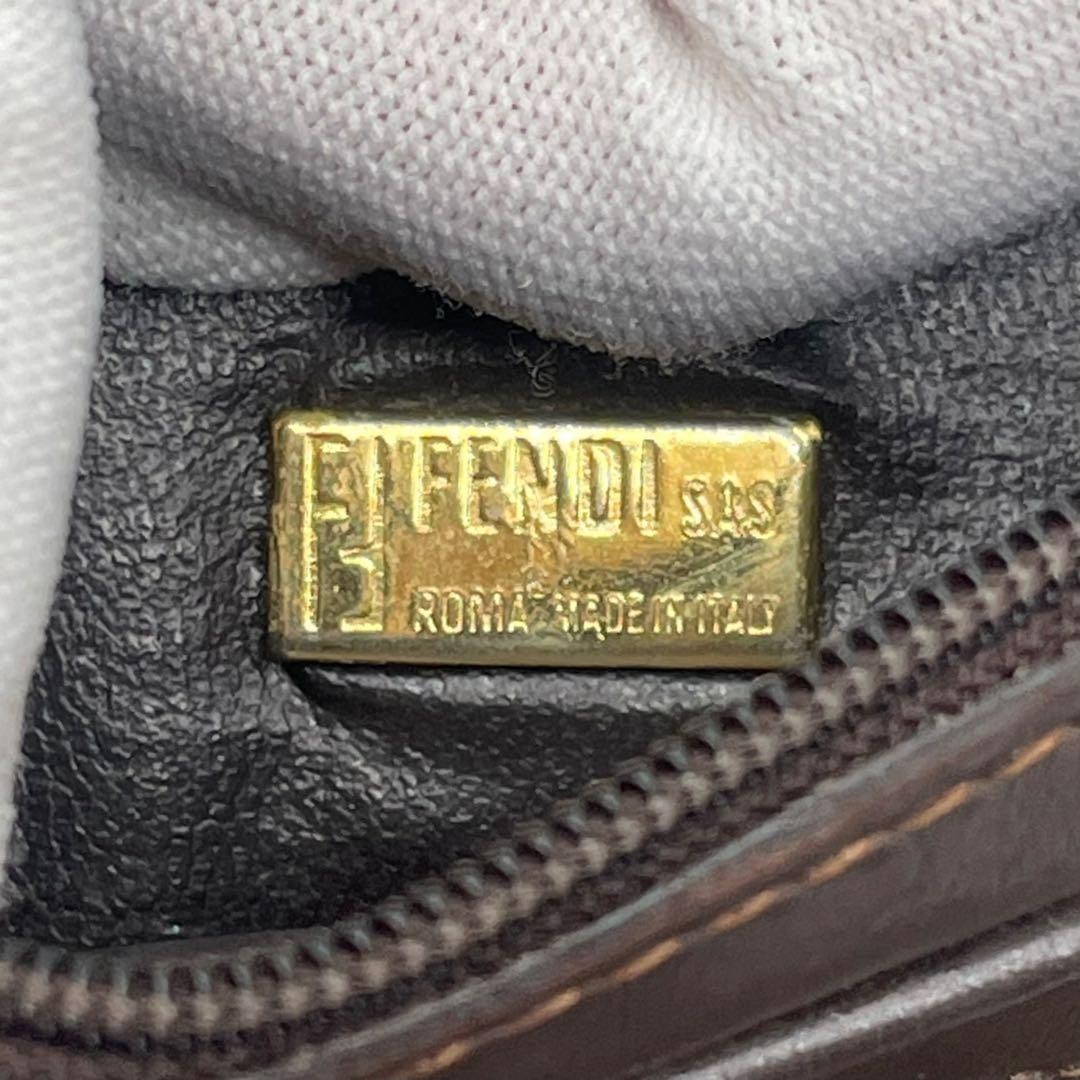 FENDI Zucca Print Logo All-over Monogram Pouch Purse Canvas Leather Dark Brown