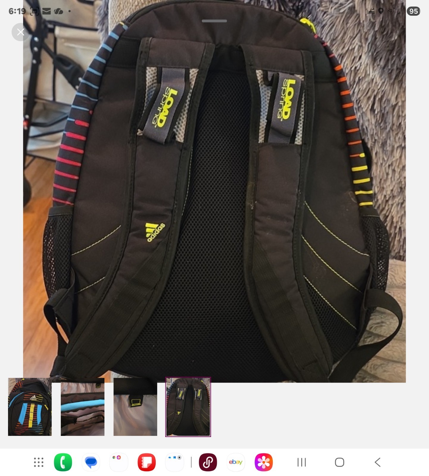 adidas Black Multicolor Striped Backpack Zip Padded Outer Pockets Medium