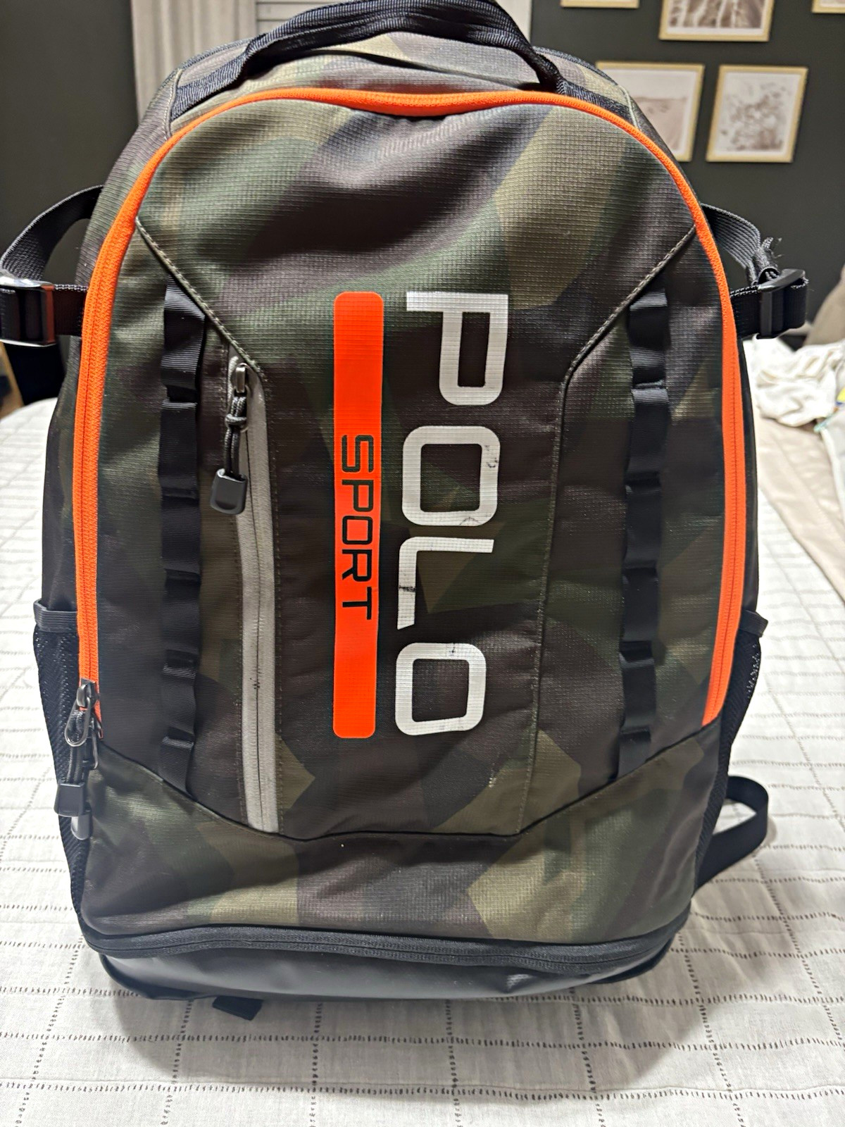 Polo Sport Camouflage Backpack Green Black Orange Zip Closure Top Handle