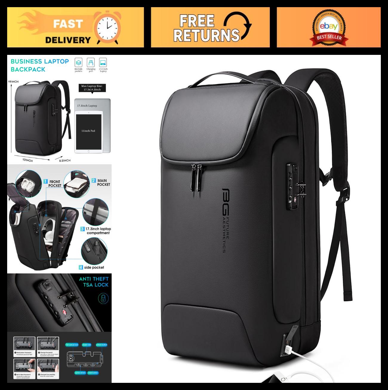 Waterproof Anti-Theft Travel Backpack, USB Charging Port, Fits 17.3″ Laptop