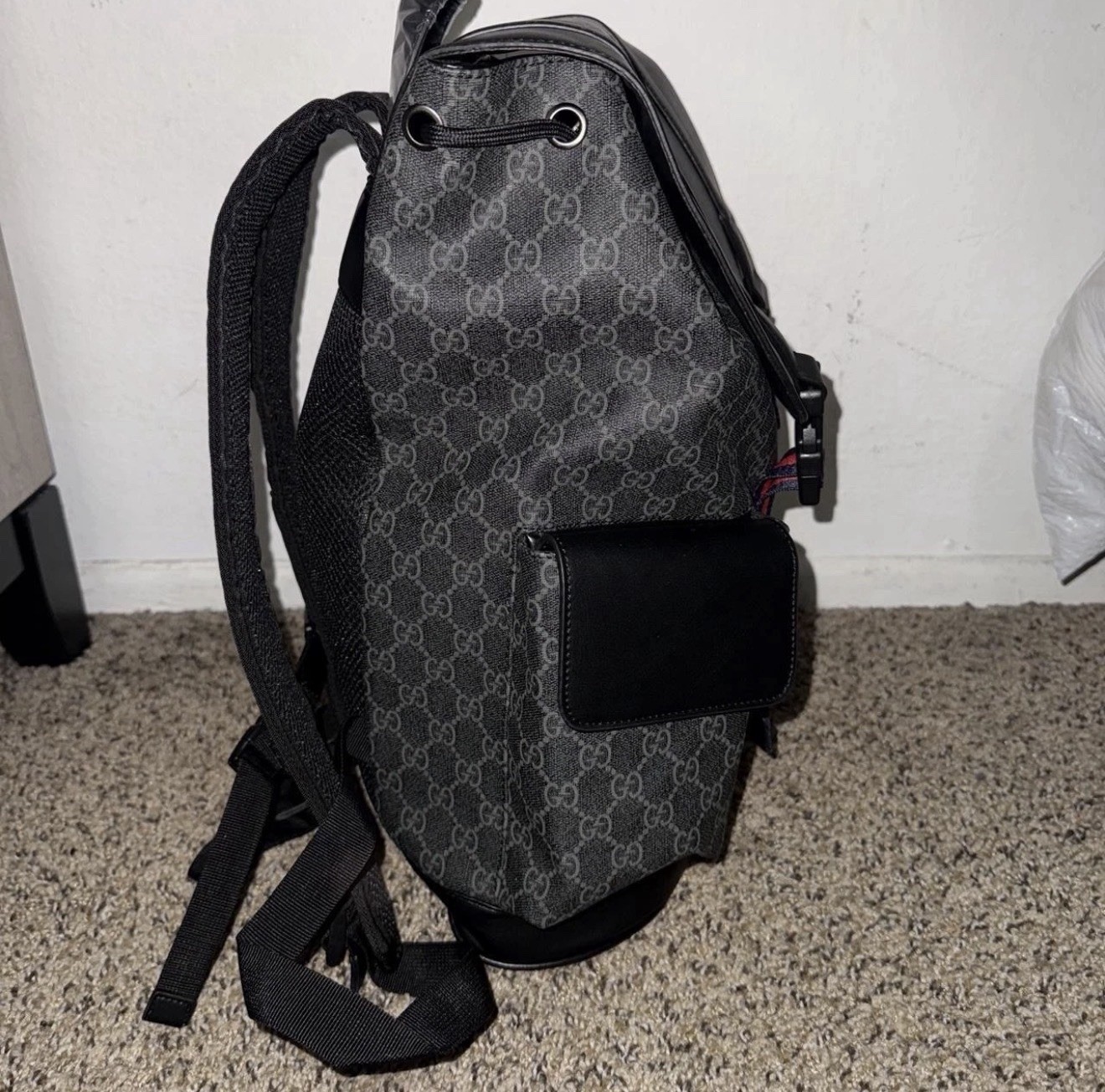Gucci GG Pattern Backpack Gray/Black Red/Blue Web Stripe Drawstring Men’s