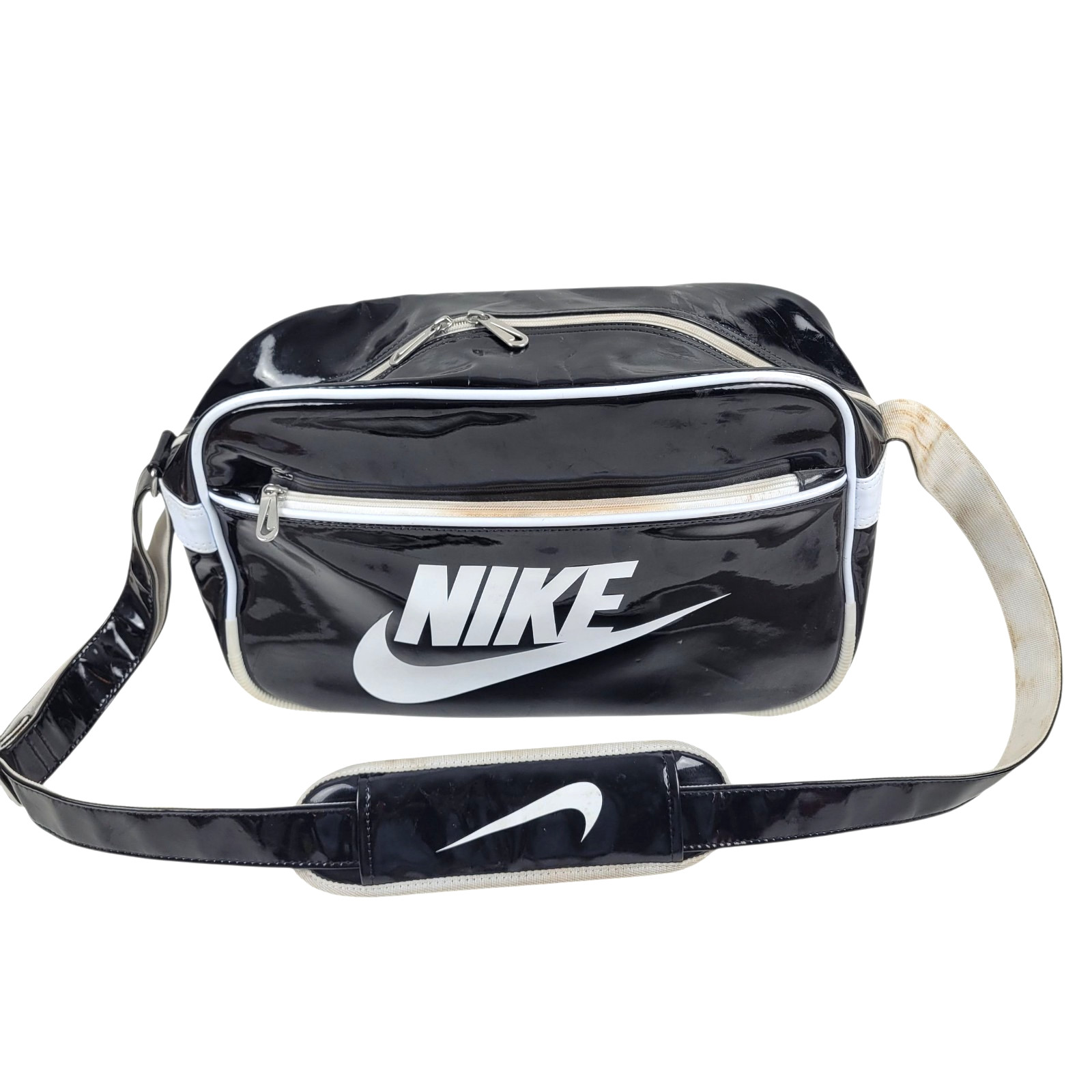 Vintage Nike Swoosh Patent Leather Look Black White Messenger Gym Shoulder Bag