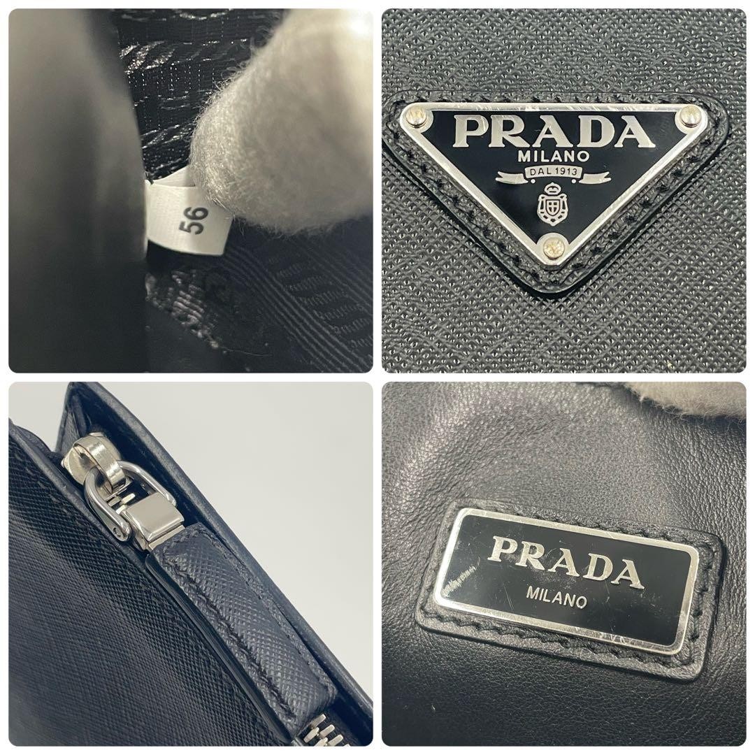 PRADA 2VN003 Saffiano Triangle Leather Clutch Bag Black A4 Business Case