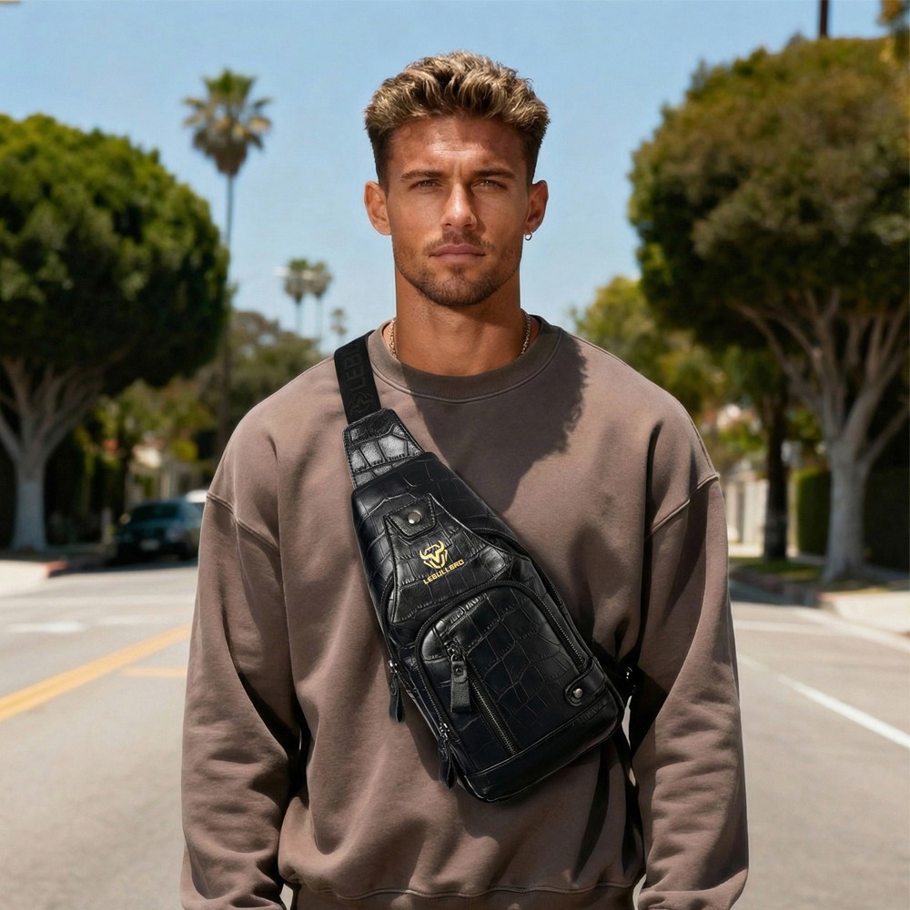 LEBULLBRO Men’s Genuine Leather Chest Bag Sling Backpack Crossbody Shoulder Bag