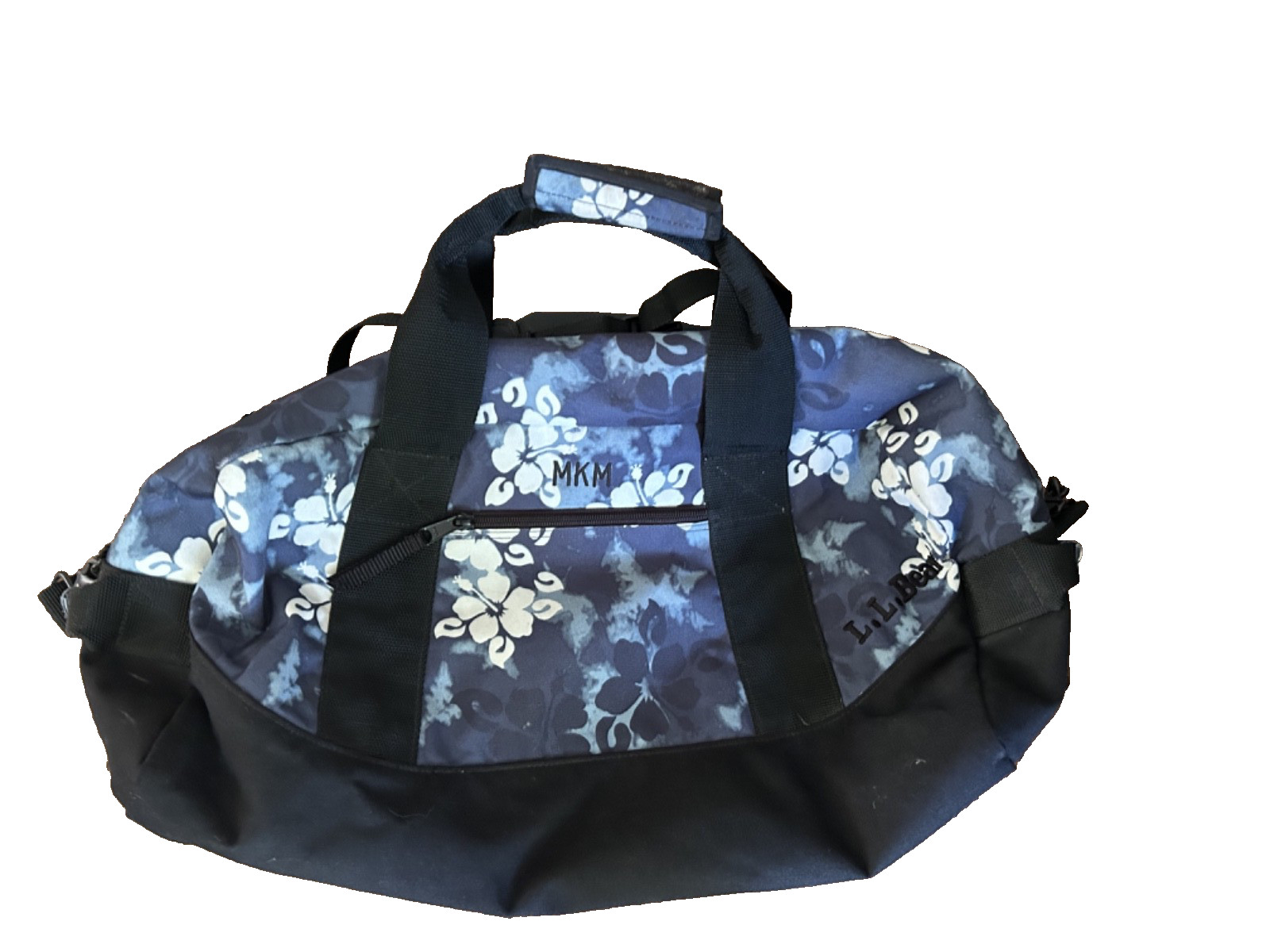 LL Bean Blue White Hibiscus Print Medium 35L Adventure Duffle Carry On Bag EUC