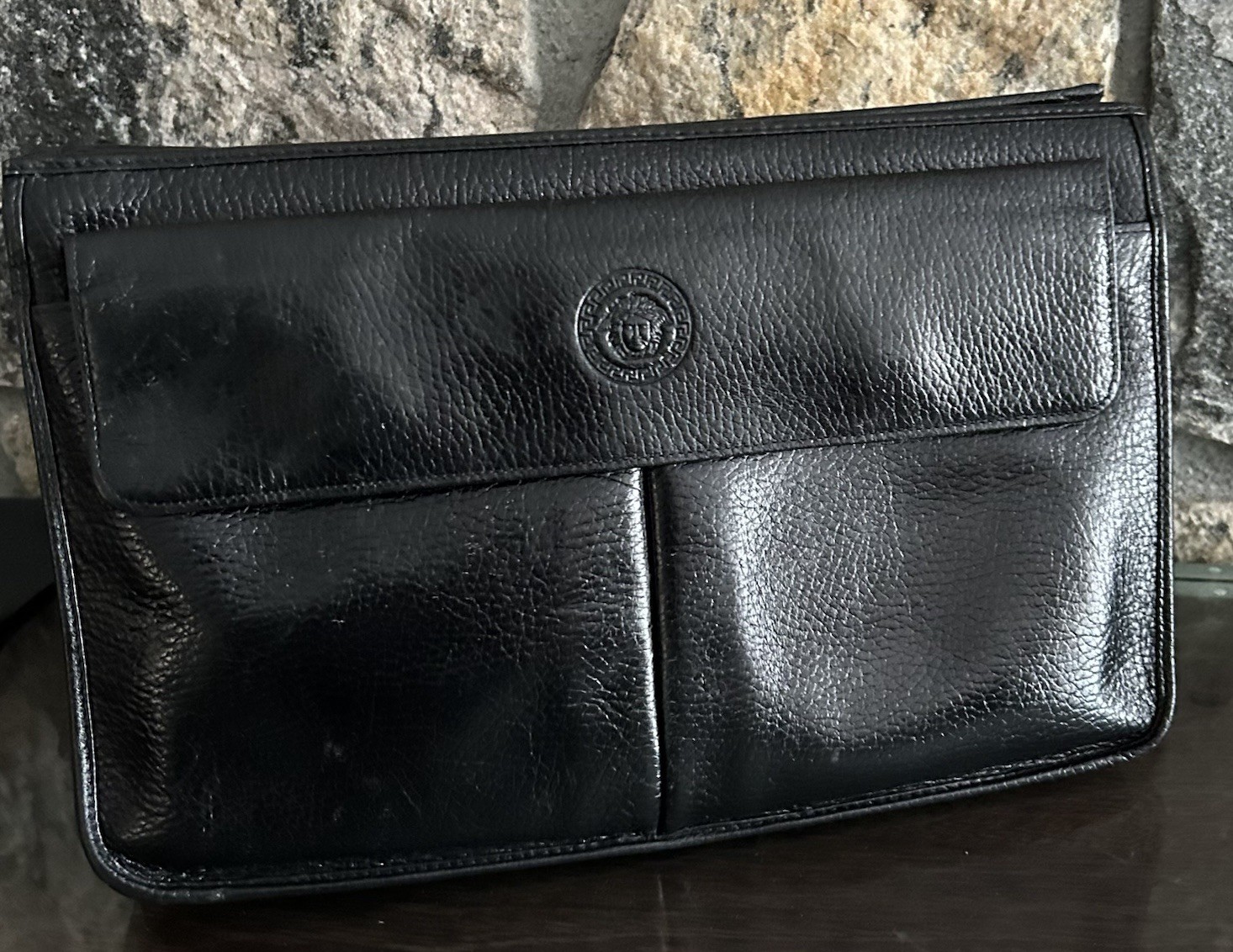 Gianni Versace Clutch Bag Unisex Pebbled Leather Pouch Medusa Zip Pockets Black