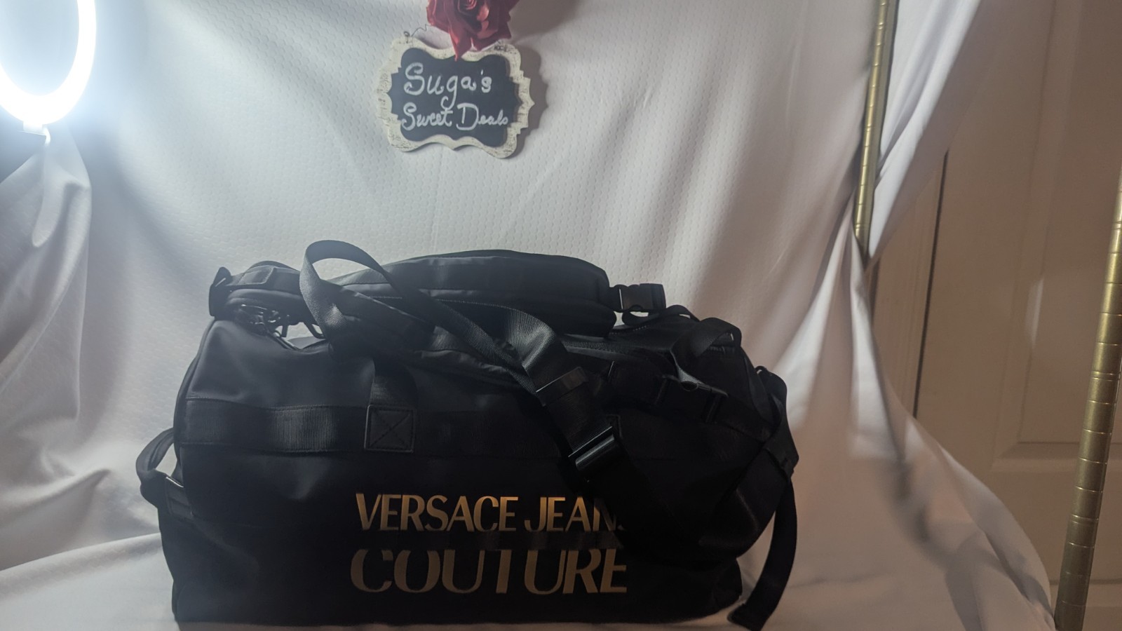 Versace Jeans Couture Black Logo Zip Large Duffle Bag Straps Pockets Men