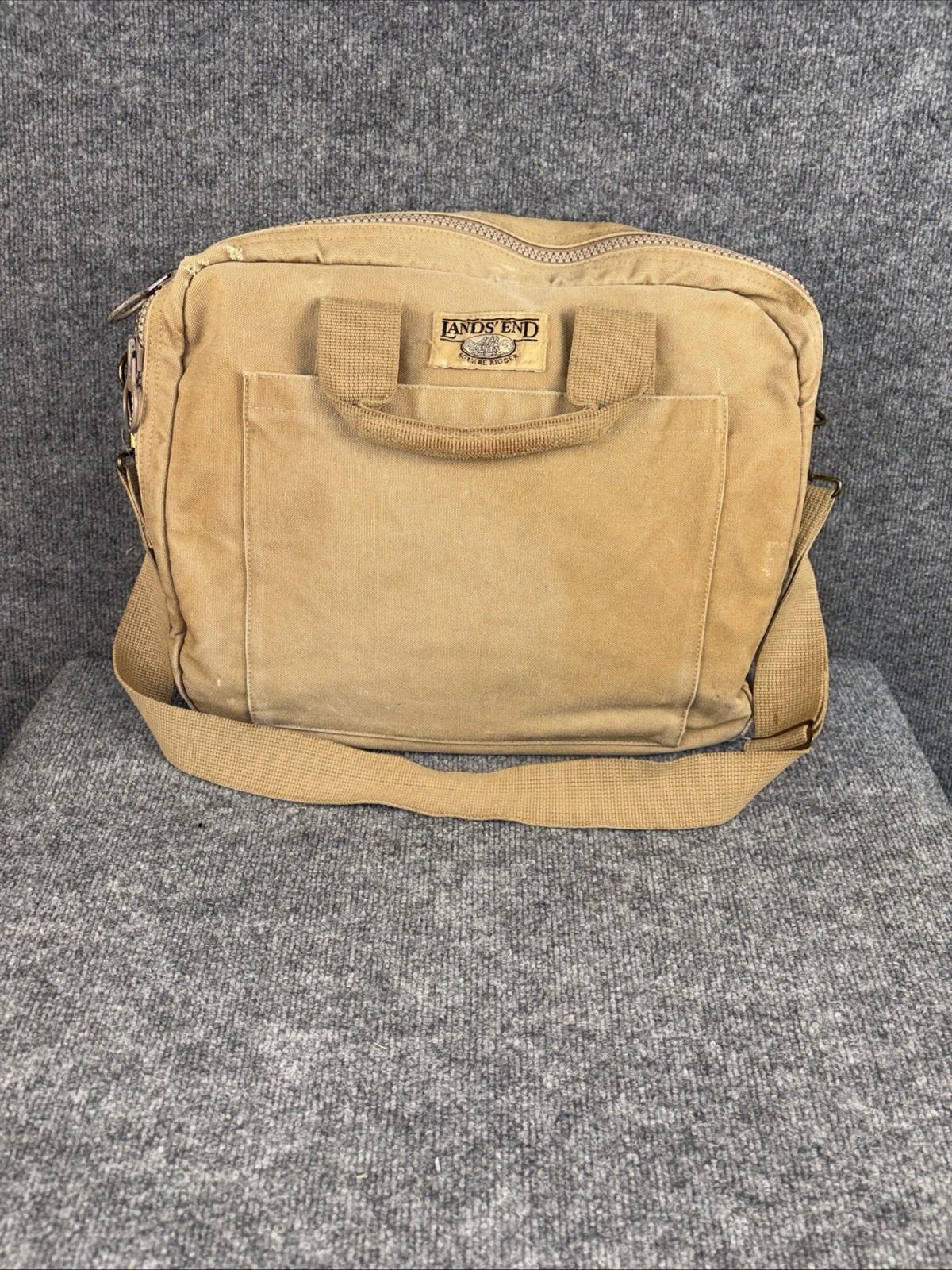 Lands End Square Rigger Messenger Bag Tan Canvas Medium Travel Work Briefcase