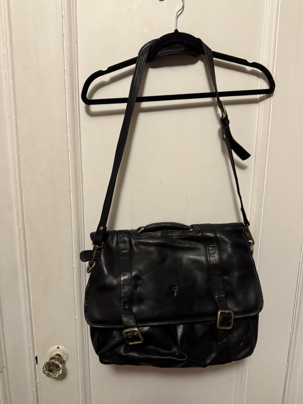 Unisex FRYE Black Leather Satchel Logan Case Organizer Zip Compartments