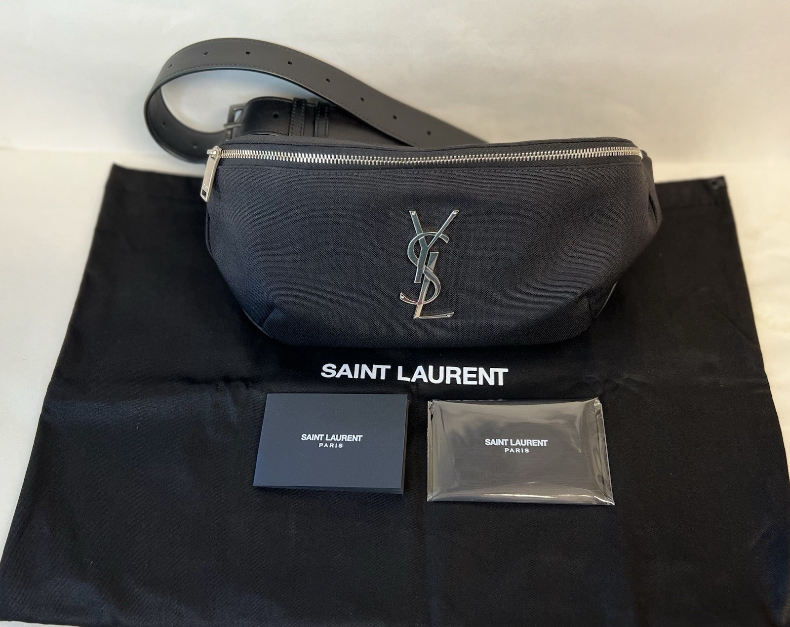 SAINT LAURENT Cassandre Classic YSL Monogram Canvas Belt Bag, Black, NEW!