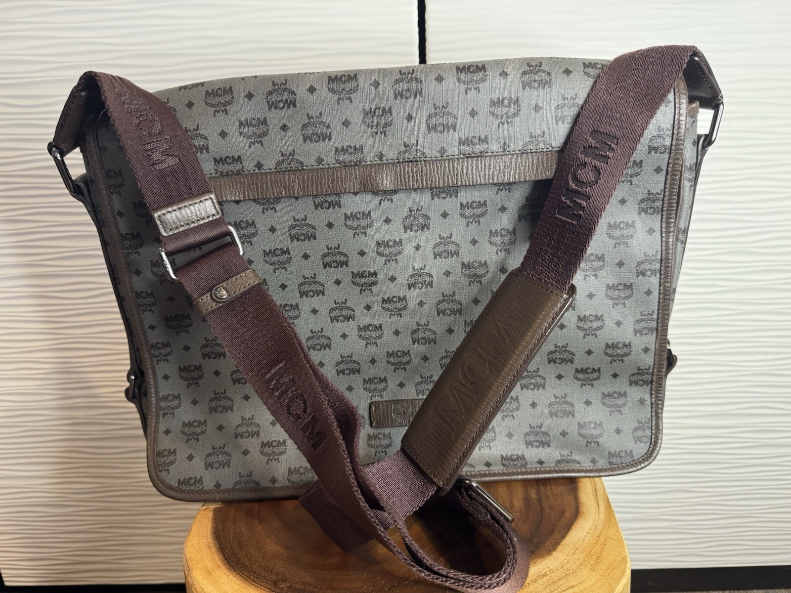 Authentic MCM Visetos Messenger / Crossbody Bag (Grey/Dark Brown)