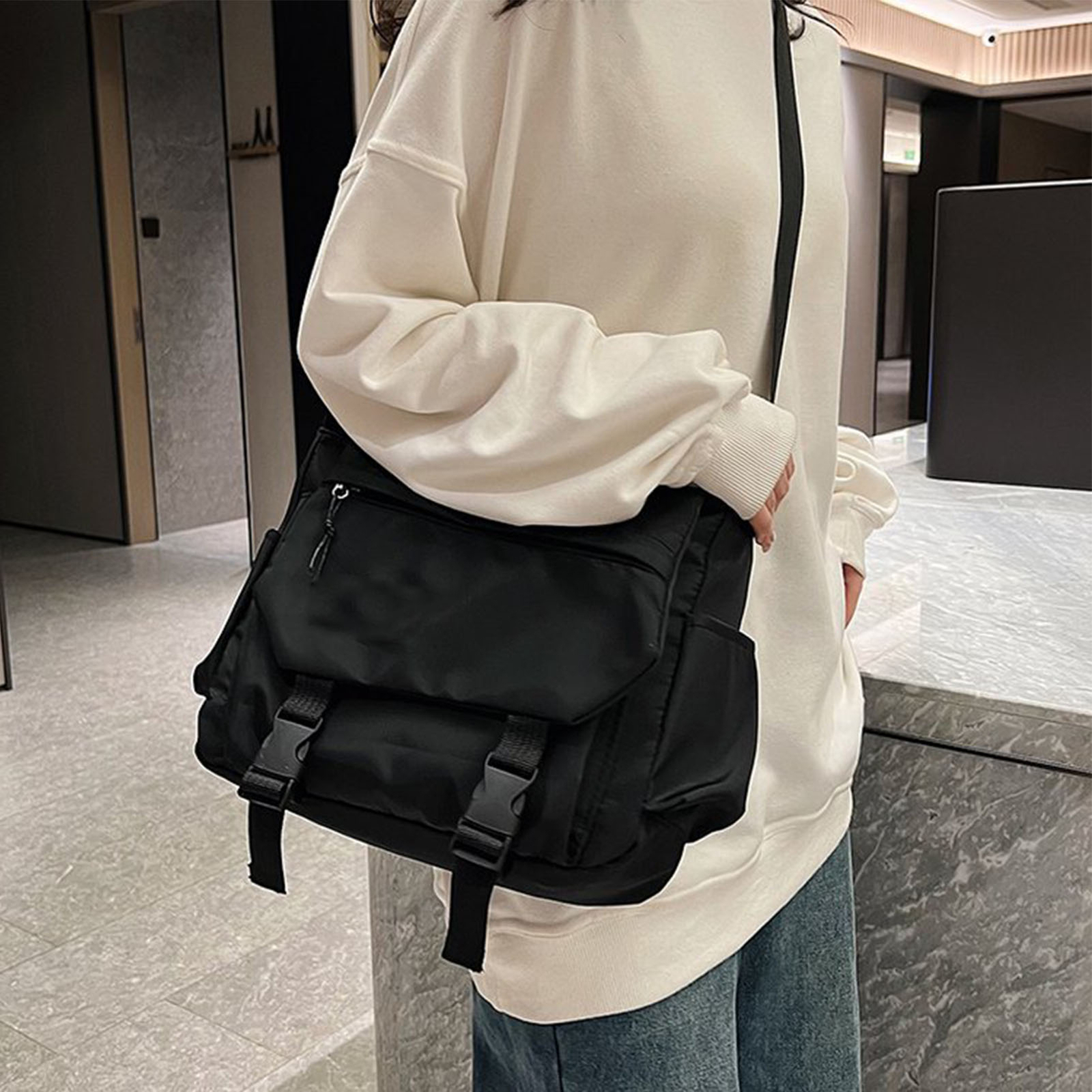 Casual Shoulder Bag Flap Over Messenger Bag Black For Men Women For School