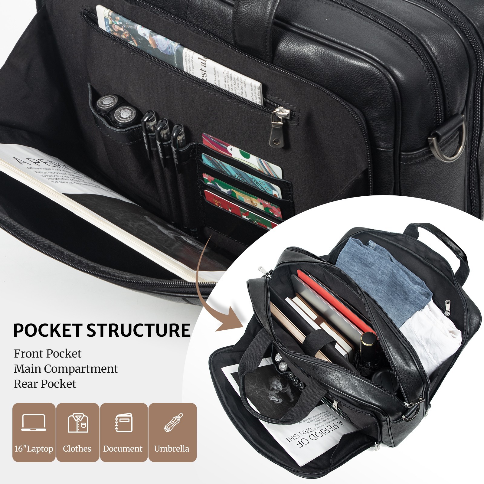 Augus Leather Briefcase for Men 16” Laptop Messenger Bag with Luggage Strap