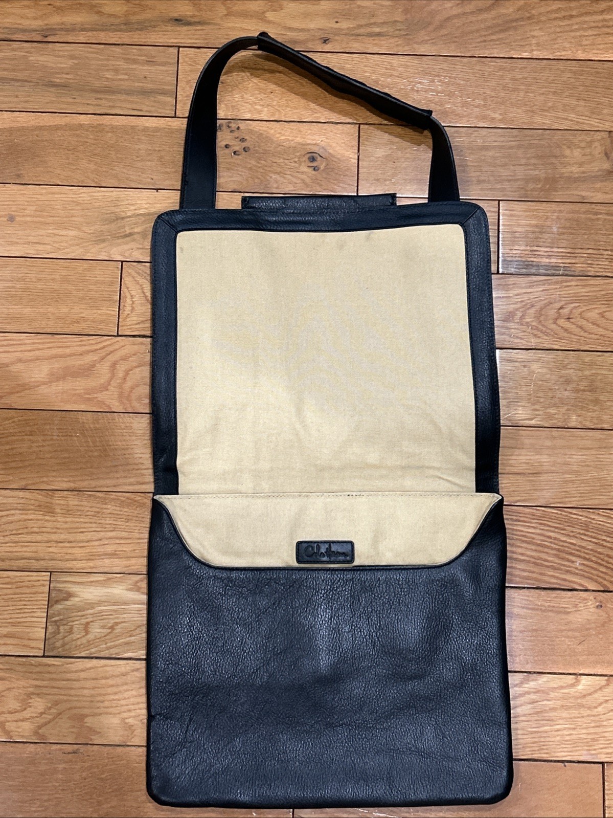 Cole Haan Black Messenger Leather Flapover Laptop Briefcase Bag Crossbody