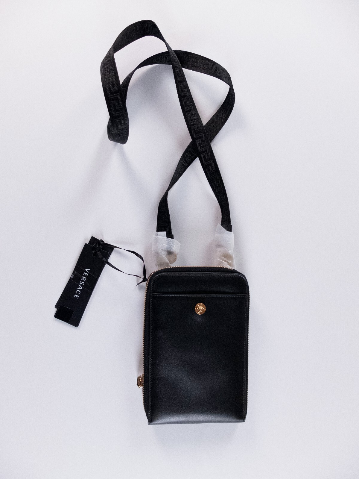 (NO CUSTOMS TAX) VERSACE La Medusa black leather mini crossbody long wallet bag