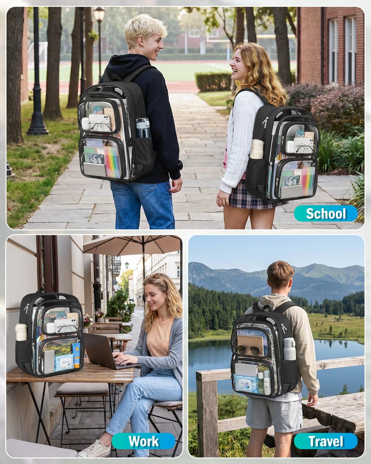 Clear Backpack, Fabric & PVC Clear Bookbag Heavy Duty Transparent Bag Large C…