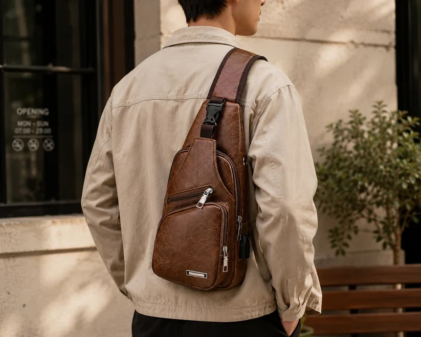 Mochila bandolera marrón para hombre con puerto de carga USB.