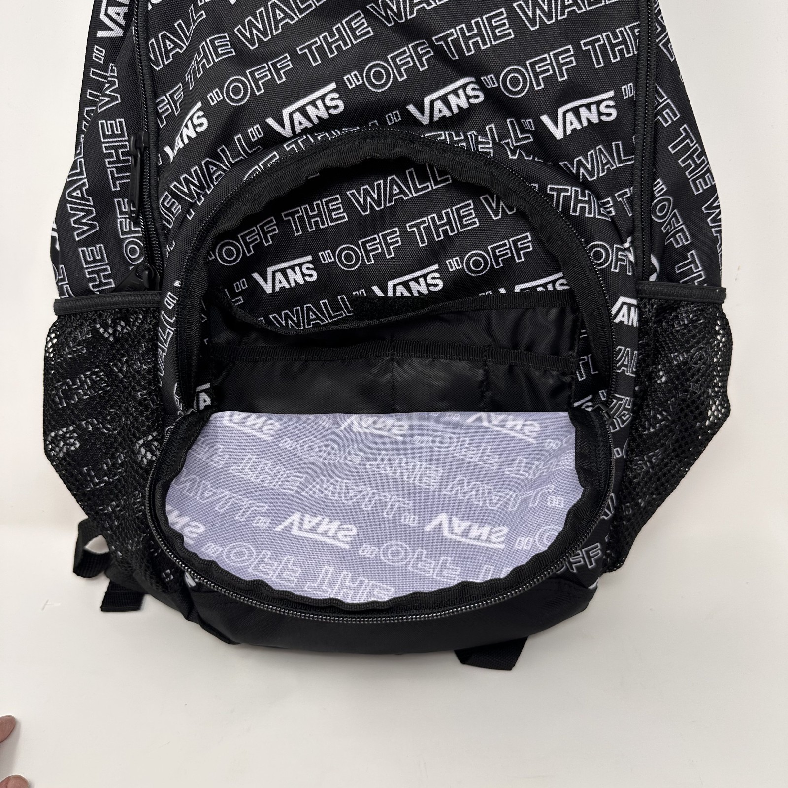 VANS Off The Wall BACKPACK All Over Print AOP Logo Black White SCHOOL Laptop NWT