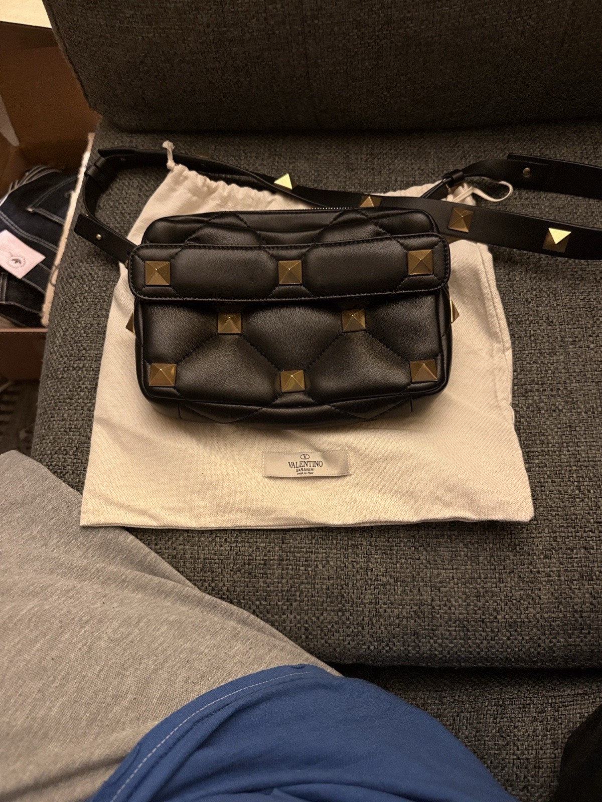 Valentino Rockstud Quilted Black Shoulder Bag Gold Studded Designer Zip
