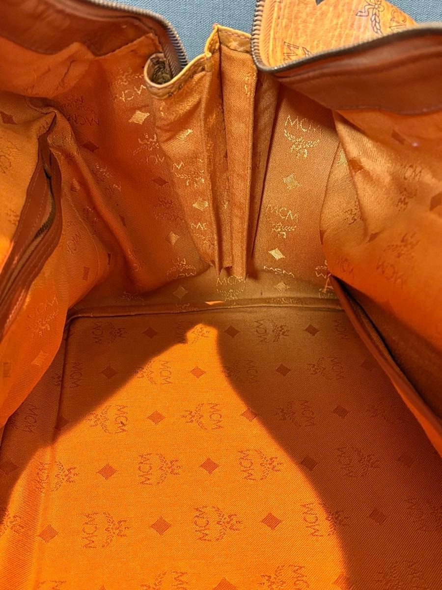 MCM Authentic Visetos Leather Handbag Brown Boston Bag Gold Logo Double Handle