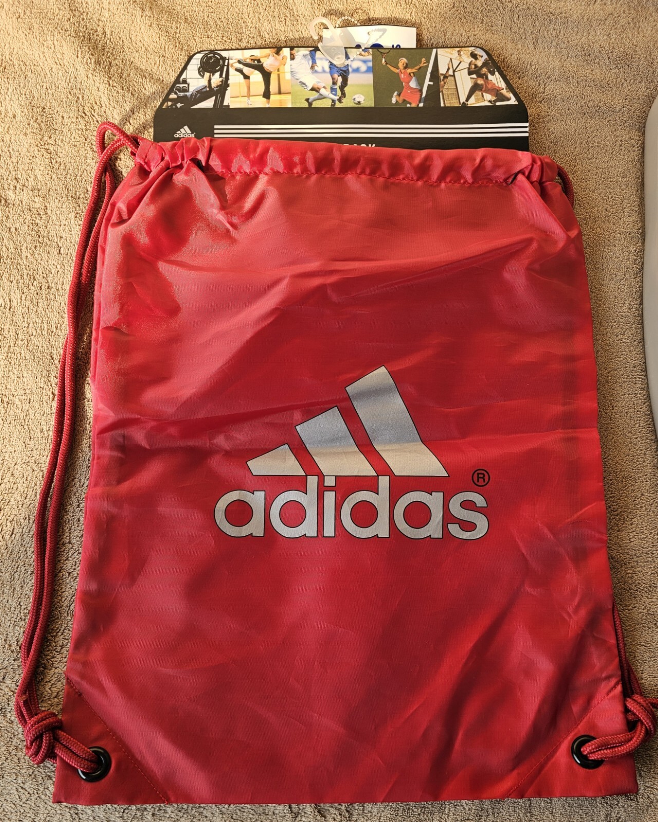 ADIDAS Red/Silver Cinch Bag/Backsack 18″ Tall X 15″ Wide W/Double 17″ Drop Cords
