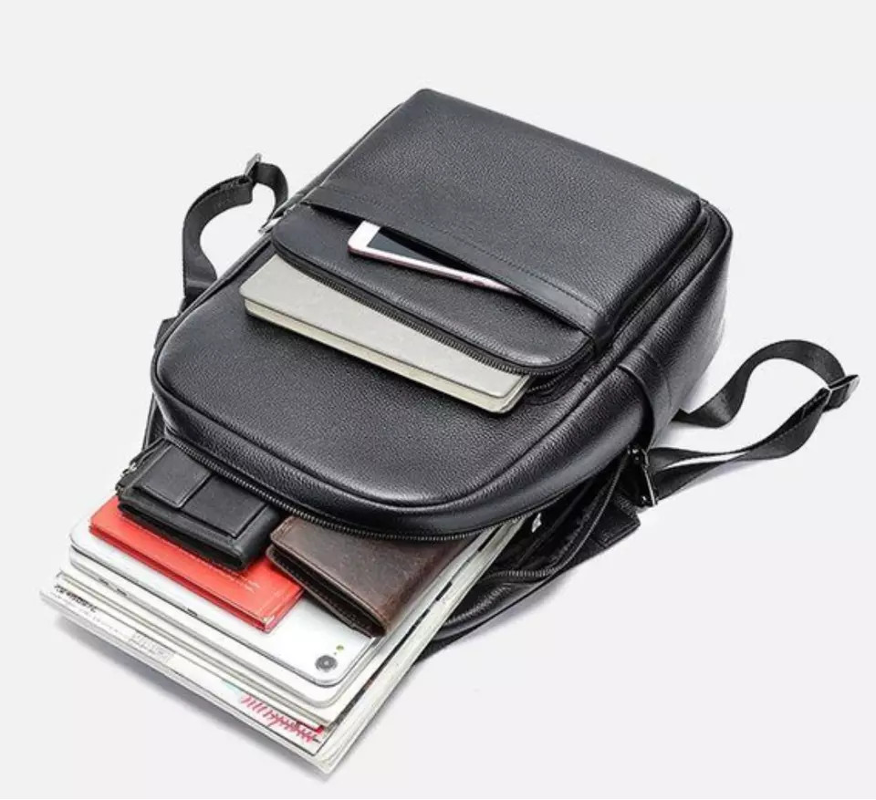 “Men’s Genuine Leather Backpack Business School Laptop Waterproof Travel Bag”