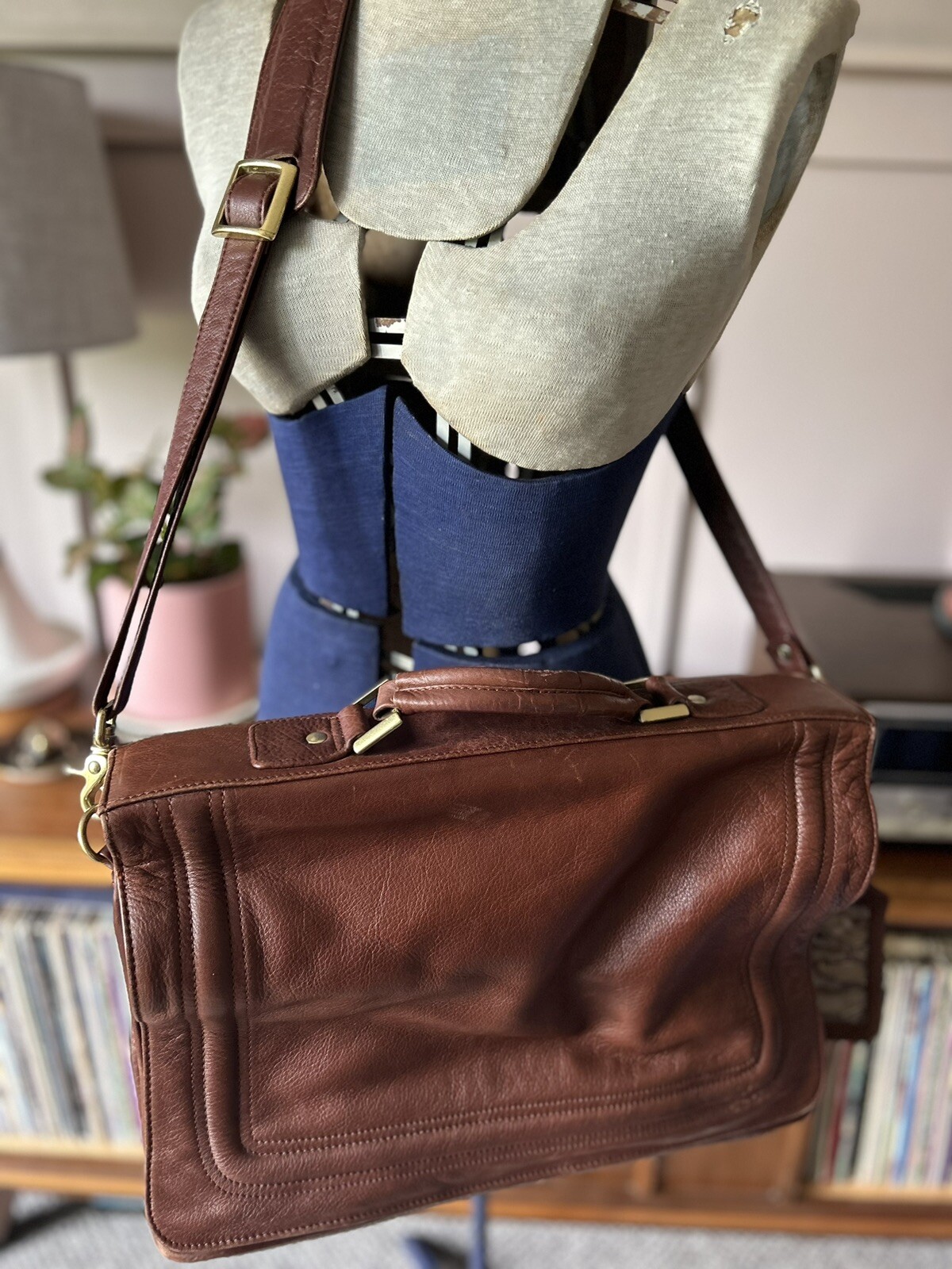 Green Fields Shafmaster Brown Leather Messenger Shoulder Laptop Bag Briefcase