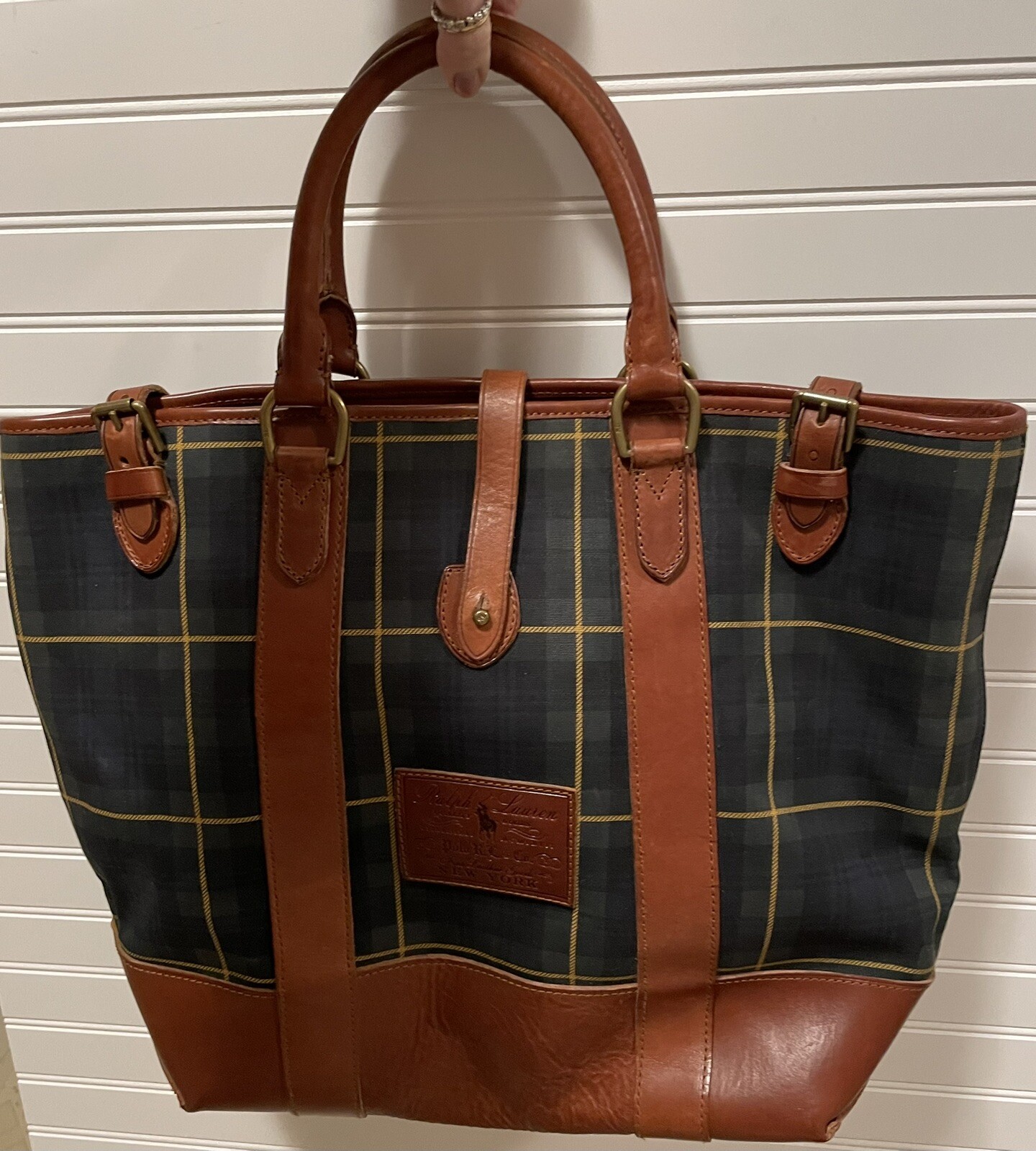 Ralph Lauren Tote Bag Traditional Blue Green Tartan 15 X 19 X 6 Wool? & Leather