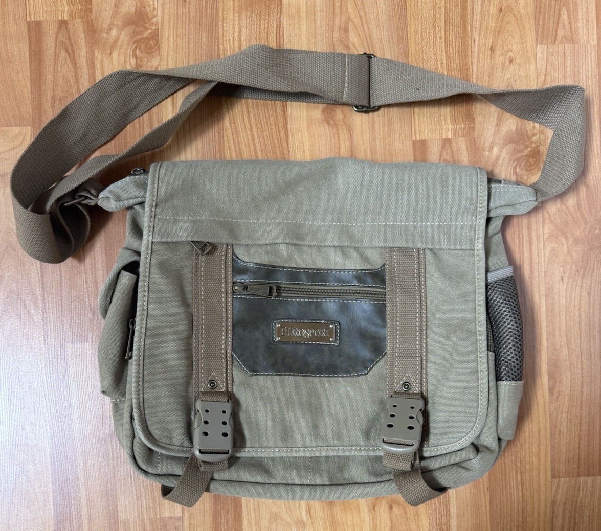 Eurosport Canvas Messenger Bag Olive Multi Pockets Adjustable Shoulder Strap