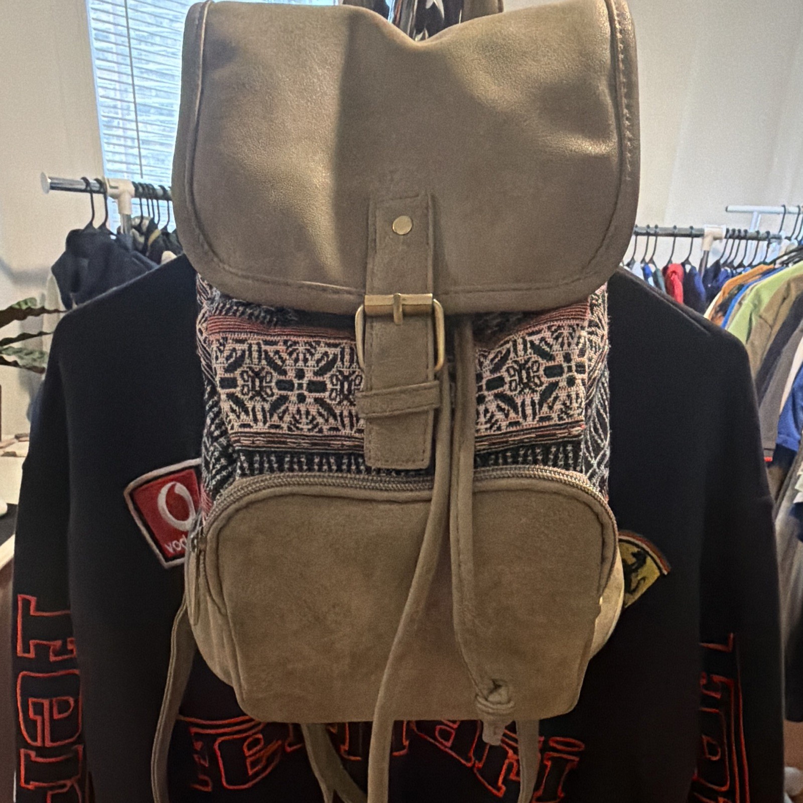 Geometric Faux Suede Backpack Brown Black White Red with Buckle Closure