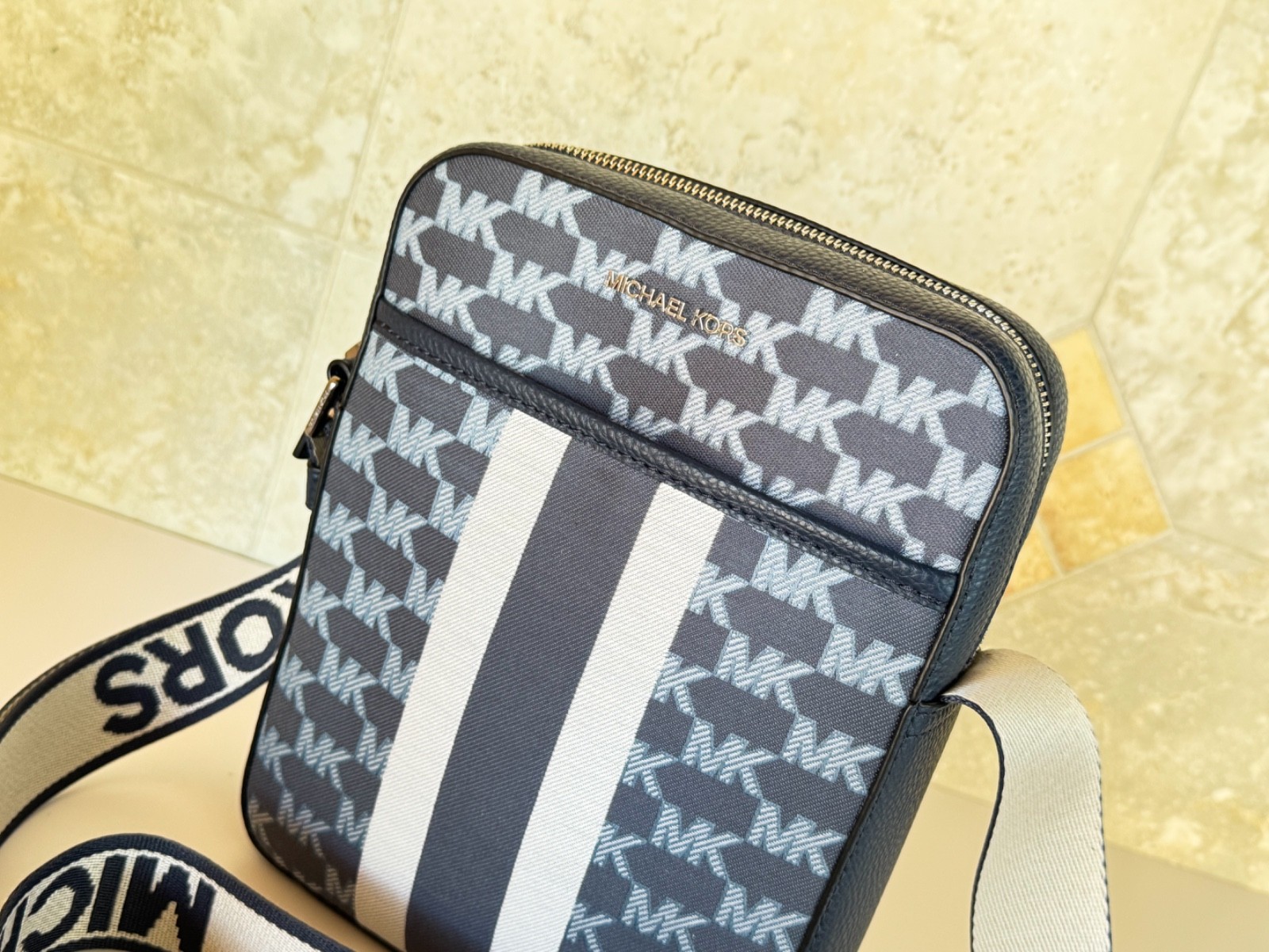 Michael Kors Cooper MD Shoulder Crossbody Flight Bag MK Center Stripe Navy Multi