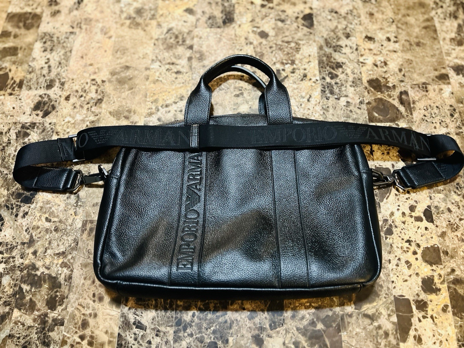 Emporio Armani Men’s Black Leather Messenger Laptop Bag Crossbody Logo Strap