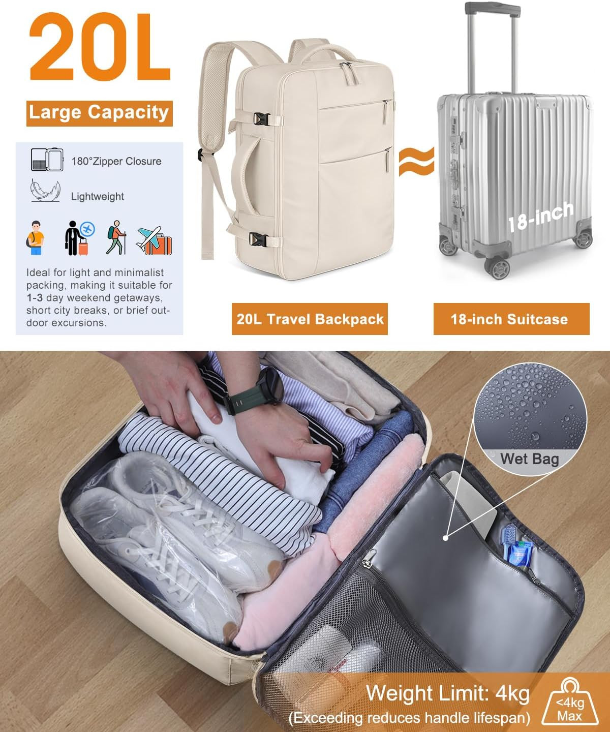Travel Backpack Airline Approved Waterproof Laptop Backpack 15.6 In Laptop Beige