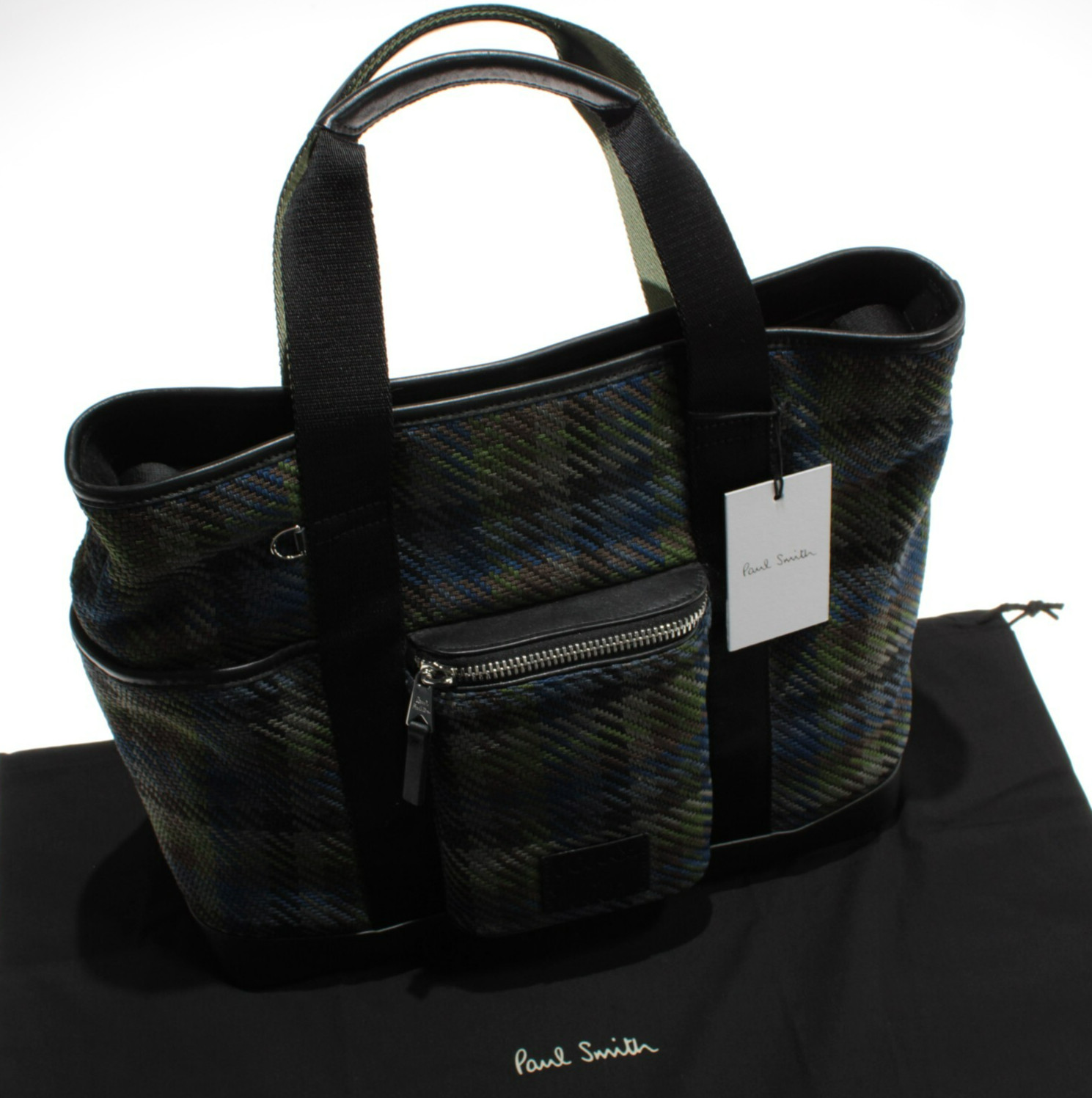 Paul Smith NWD Woven Tote Bag w/ Strap in Green / Blue / Multi Check Plaid