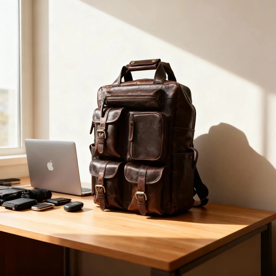 Professional Brown Leather Messenger Backpack Distressed Business Travel Rucksac