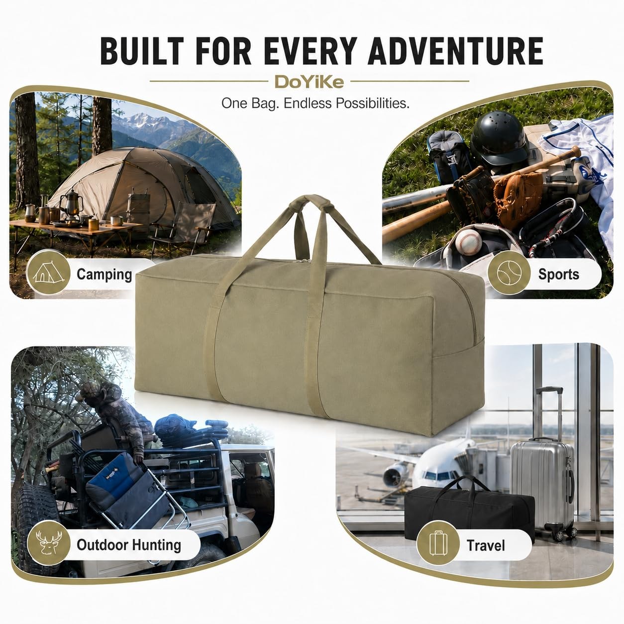 Heavy Duty 60L Canvas Travel Duffle Bag Army Green Side Opening Large Sports