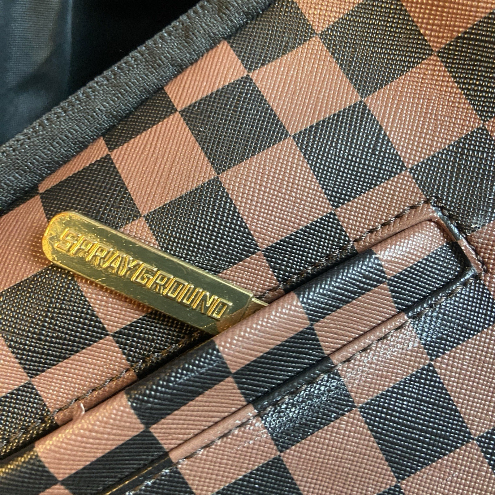 Sprayground Limited Edition Brown Checkered Shark Mouth Backpack Gold Zip School