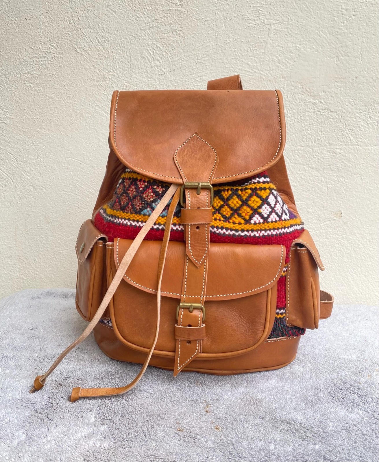 Handmade Genuine Leather & Kilim Backpack – Moroccan Artisan Backpack 40×28 cm