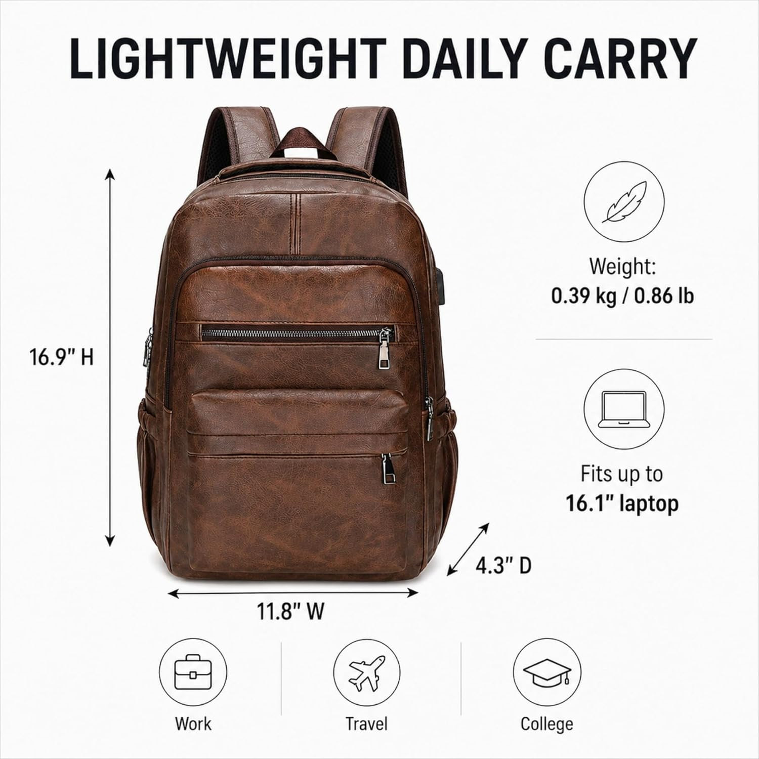 Mens Leather 16.1 Inch Laptop Bag Travel Casual Computer Backpack College Busine