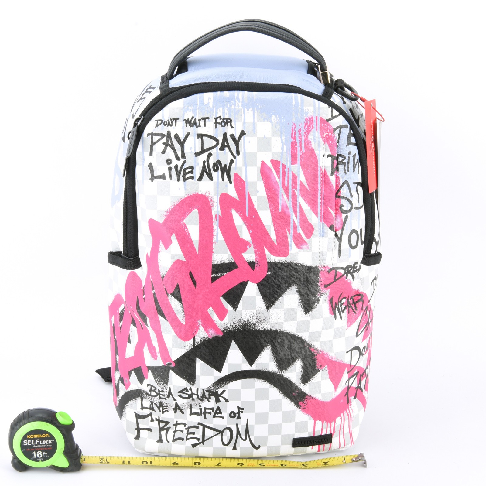 Sprayground Shark Poetry Dlxsv Leather Backpack Zippered Unisex Plaid Pink Gray