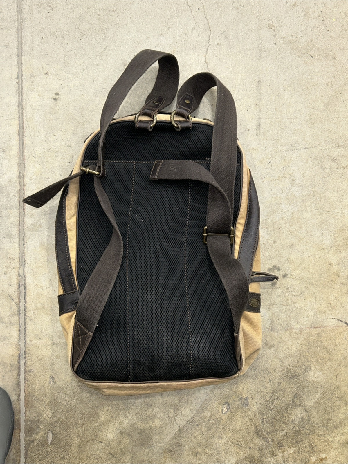 FOSSIL Estate Backpack Rugged Olive Canvas Brown Faux? Leather Trim Padded Zip